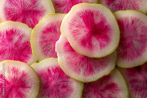 Close-up of sliced pink and white watermelon radish pieces arranged in a pattern