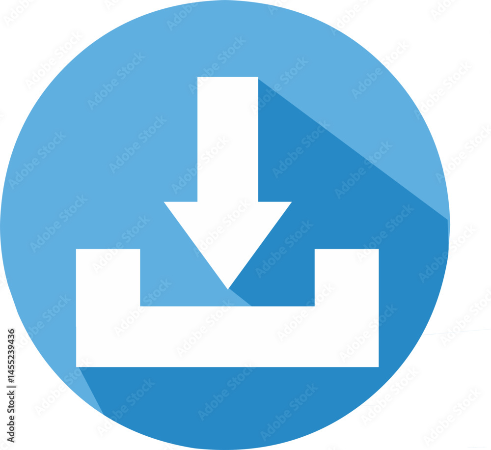A simple download or install icon inside blue circle with shadow in the form of a downward arrow and a black line as a sign that the file or document has been downloaded. A simple download or install icon inside blue circle with shadow in the form of a downward arrow and a black line as a sign that the file or document has been downloaded.