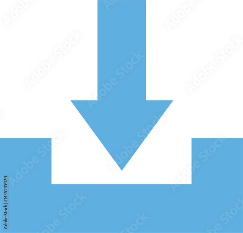 A blue color simple download or install icon in the form of a downward arrow and a black line as a sign that the file or document has been downloaded.