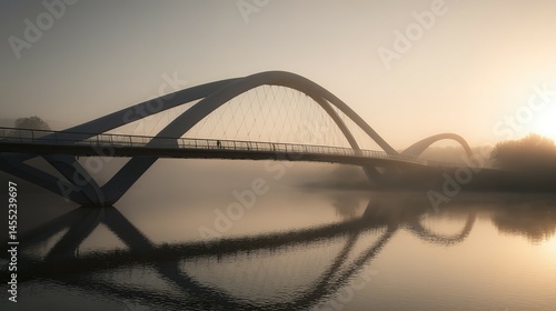 Modern arch bridge over tranquil water at dawn.