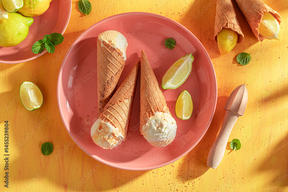 Tasty and fresh lemon ice cream as a summer dessert.