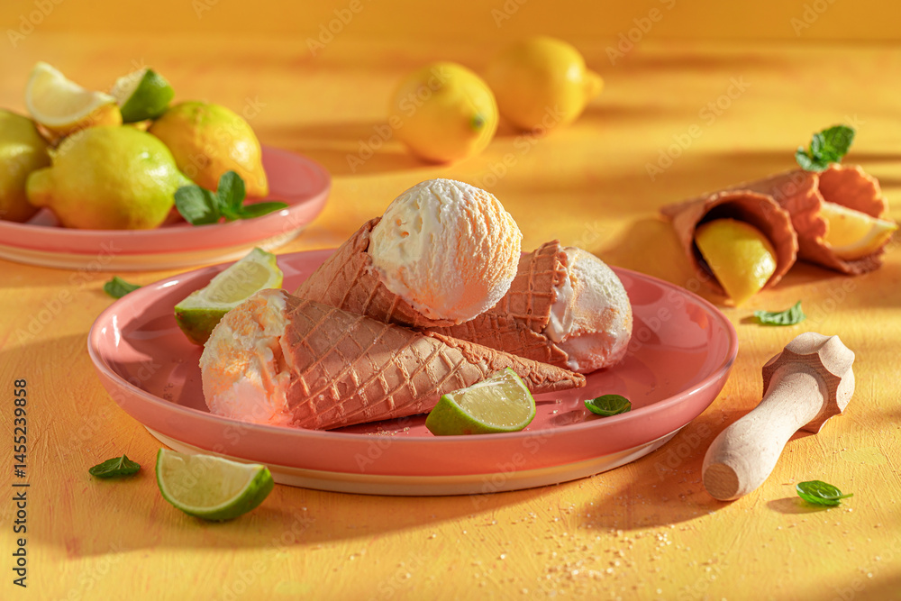 Delicious and homemade lemon ice cream in a waffle cone.