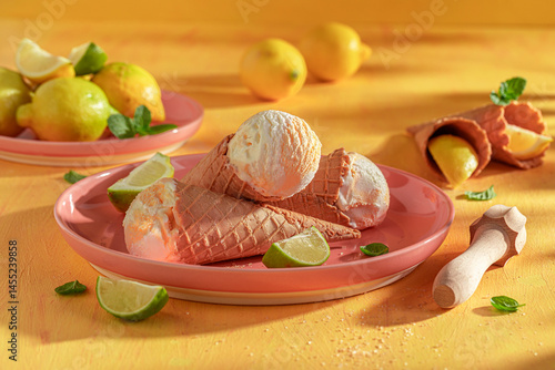 Obraz na płótnie Delicious and homemade lemon ice cream in a waffle cone. w salonie