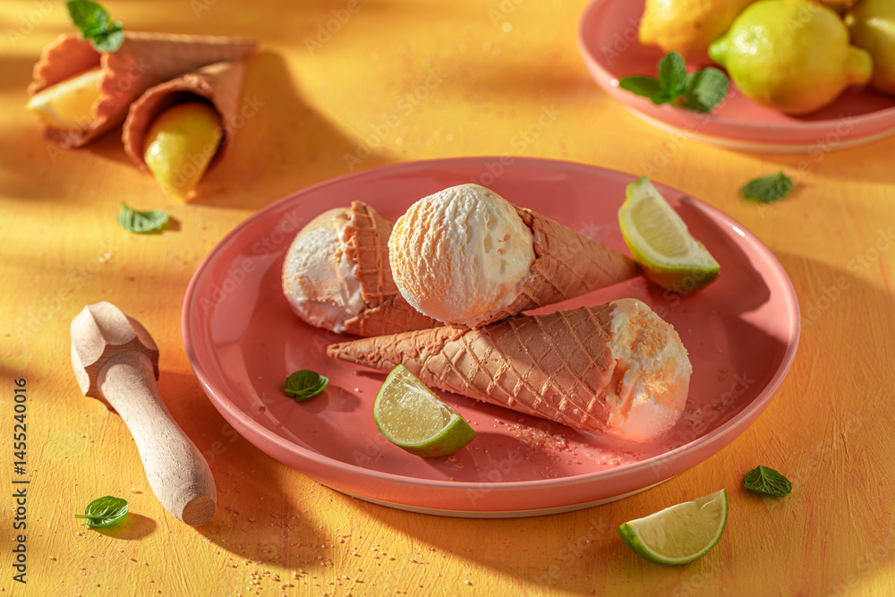 Homemade and juicy lemon ice cream made of citrus fruits.