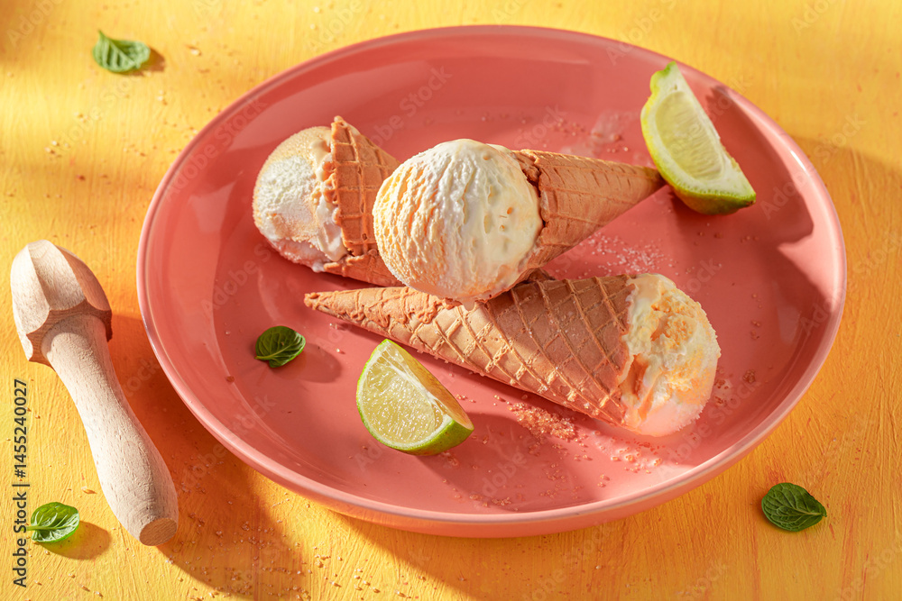 Homemade and juicy lemon ice cream as a summer dessert.