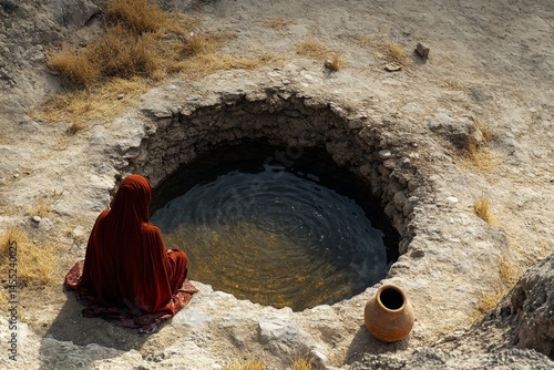 Solitary person beside ancient well in desert with cracked ground and wide horizon