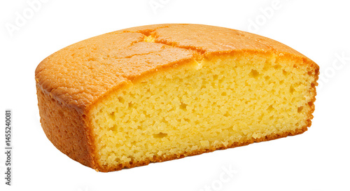 A close up view of a slice of cornbread with a golden crust isolated on a black background space