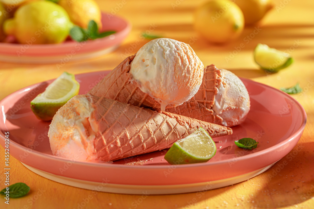 Sour and cold lemon ice cream in a waffle cone.