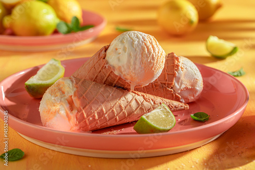 Obraz na płótnie Sour and cold lemon ice cream in a waffle cone. w salonie