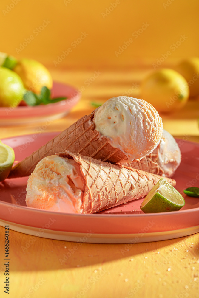 Tasty and fresh lemon ice cream as a sour dessert.