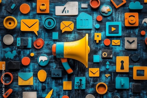 Creative digital background with megaphone and colorful icons on blue surface