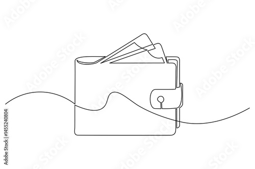 Continuous one line drawing of Wallet with paper money. Single line drawing illustration of Money in wallet. Finance concept vector art. Doodle line illustration.