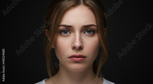 Studio portrait showcases a young woman with striking blue eyes and a poised expression