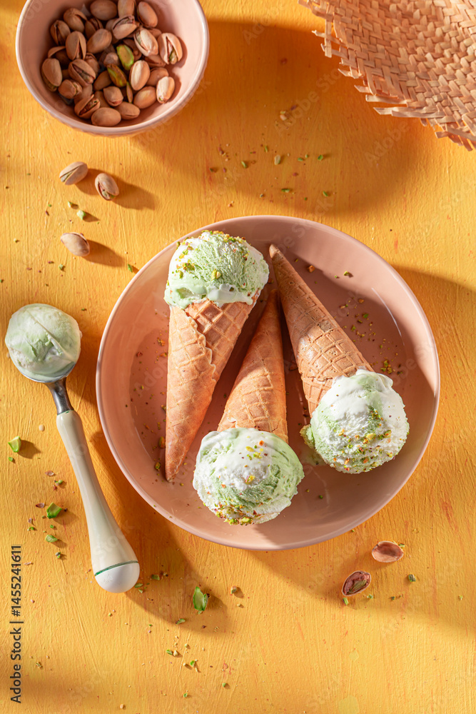 Homemade and delicious pistachio ice cream made of green nuts.