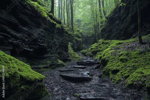 Narrow forest canyon with rocky walls and dense green foliage under soft daylight