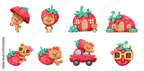 Set of cute element cartoon illustration, strawberry and little bear. A kawaii cartoon characters combine. Idea for print, cartoon, card, decoration and sticker.