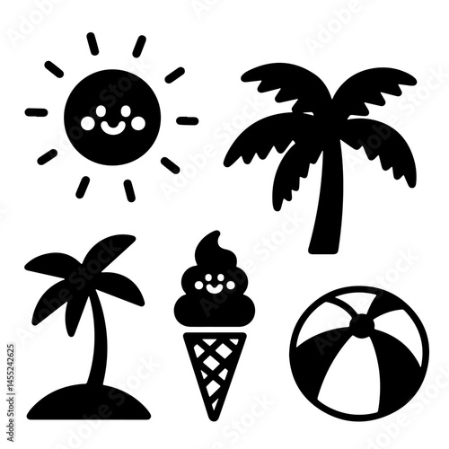 Cute summer icons: sun, palm trees, ice cream, beach ball. Black and white vector illustration.