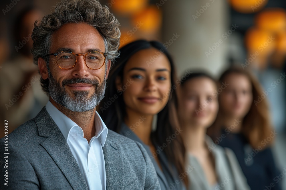 A group of diverse business people stand smiling indoors wearing business attire. A group of diverse business people stand smiling indoors wearing business attire.