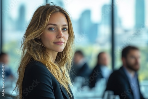 Wallpaper Mural Woman in business attire poses with blurred office background and other people. Torontodigital.ca