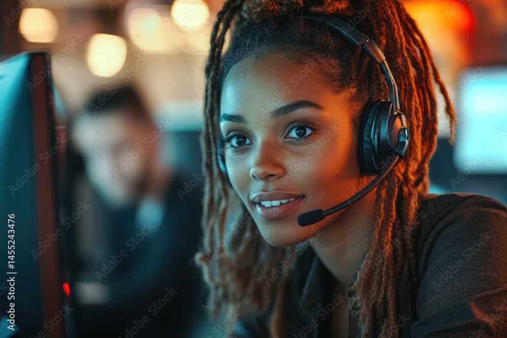 Woman with headset working at computer in office with colleague in background. Woman with headset working at computer in office with colleague in background.