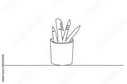 Continuous one line drawing of Stationery container with pencil and pens. Single line drawing illustration of Pencil holder. School equipment concept vector art. Doodle line illustration.