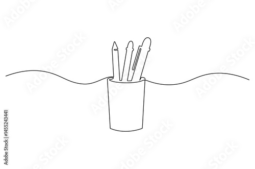 Continuous one line drawing of Stationery container with pencil and pens. Single line drawing illustration of Pencil holder. School equipment concept vector art. Doodle line illustration.