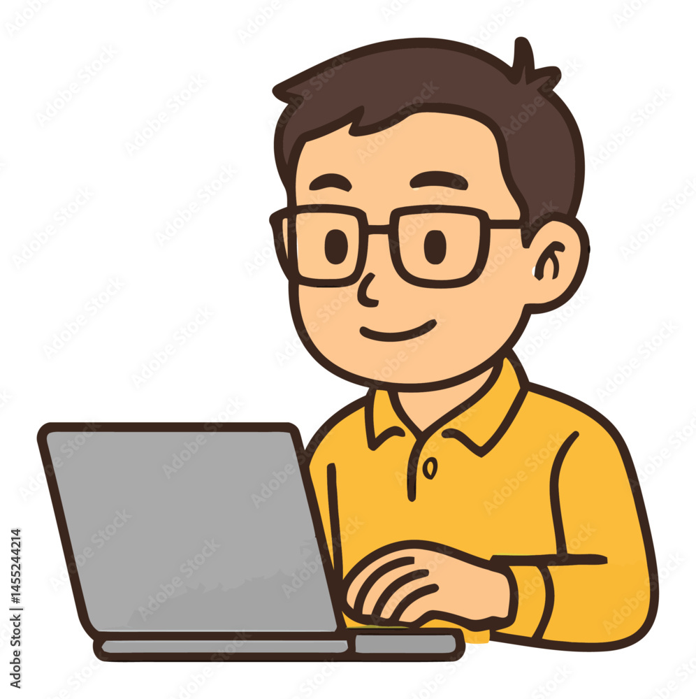 Young Man Working on Laptop with Smiling Expression and Glasses Young Man Working on Laptop with Smiling Expression and Glasses