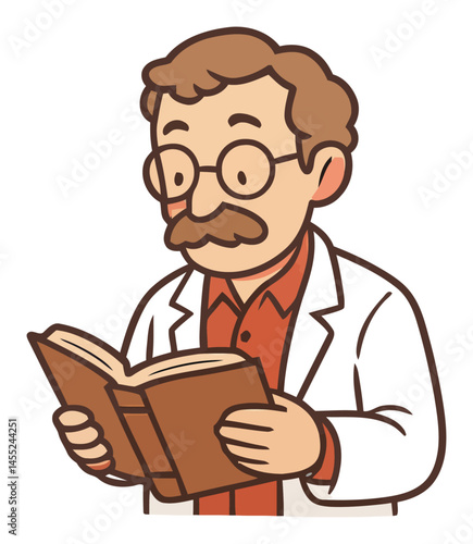 Friendly Scientist Reading Book in Lab Coat Cartoon Illustration