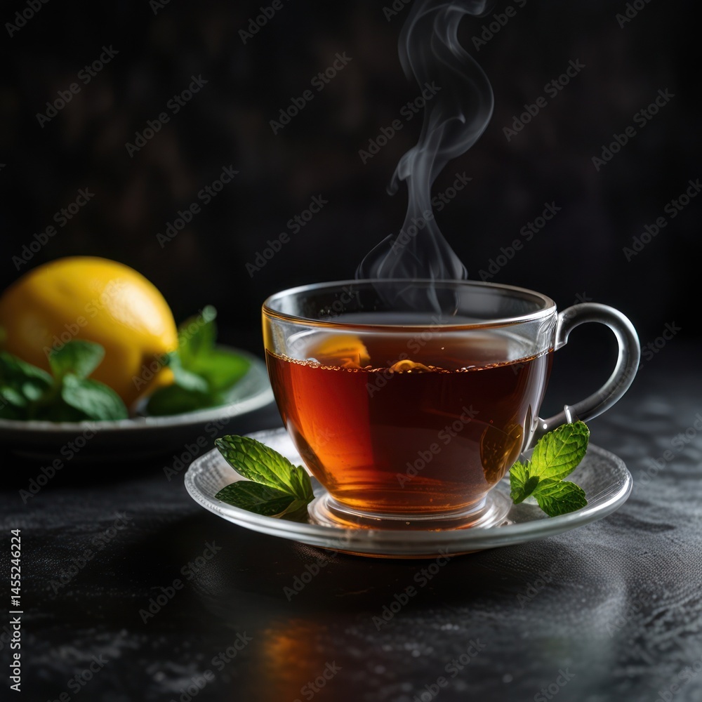 Steaming cup of tea, fresh lemon and mint Steaming cup of tea, fresh lemon and mint