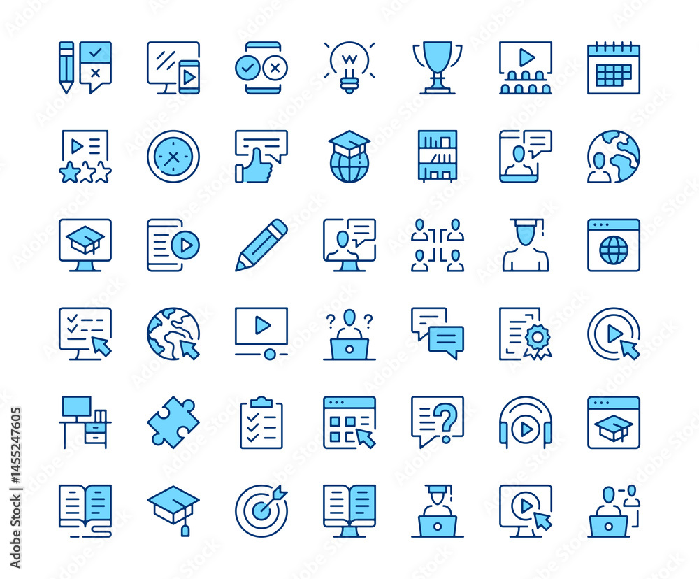 Online learning icons. Vector line icon set. Modern outline design. Blue concept Online learning icons. Vector line icon set. Modern outline design. Blue concept