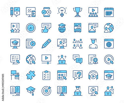 Online learning icons. Vector line icon set. Modern outline design. Blue concept