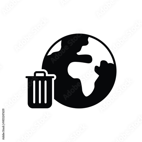 Global trash icon. Simple solid style. Earth globe, trash, recycle bin, pollution, recycling, garbage, planet, environment concept. Black silhouette, glyph symbol. Vector illustration isolated.