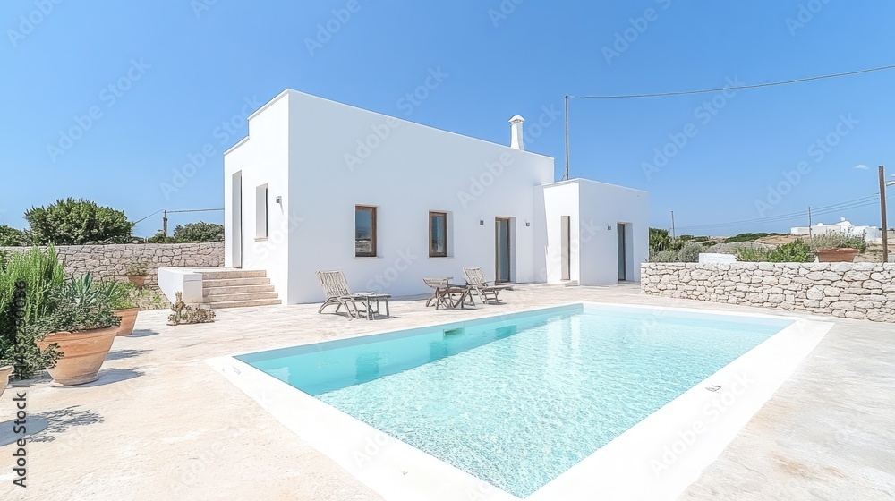 Fototapeta premium White-walled modern villa with exposed concrete terrace and poolside view