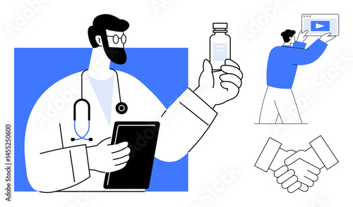 Doctor holding tablet and medicine bottle, man carrying screen with video, and handshake. Ideal for healthcare, education, partnership, training, pharmaceutical, medical teamwork simple landing page