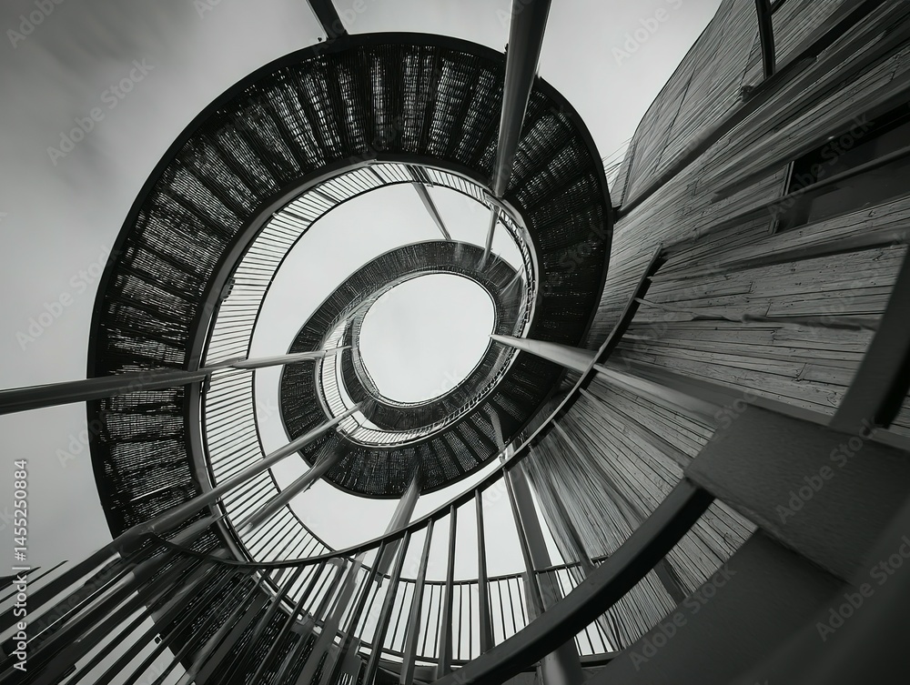 Fototapeta premium Spiral staircase design ascending toward a central point.