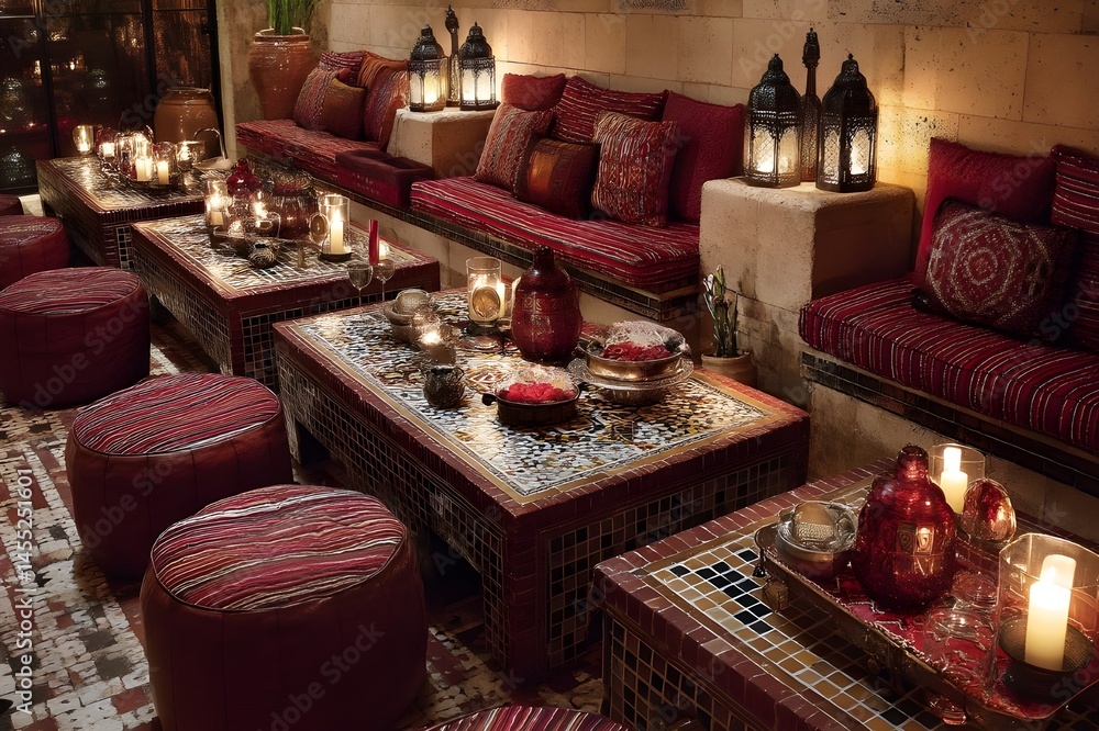 Fototapeta premium Relax in a Moroccan Tea Lounge with Low-Slung Poufs, Ornate Lanterns, and Intricate Mosaic Floors