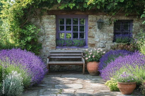 Charming old cottage with stone walls and lush flowers in garden