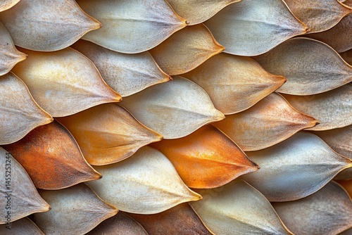 Close up of colorful fish scales in overlapping shiny texture