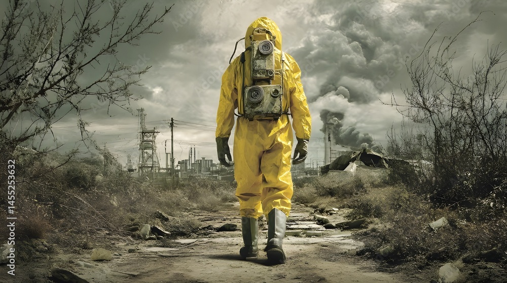 Fototapeta premium Captivating Movie Poster of a Research Scientist in Hazmat Suit Investigating Unknown Hazards with High Stakes Drama and Bold Title Typography