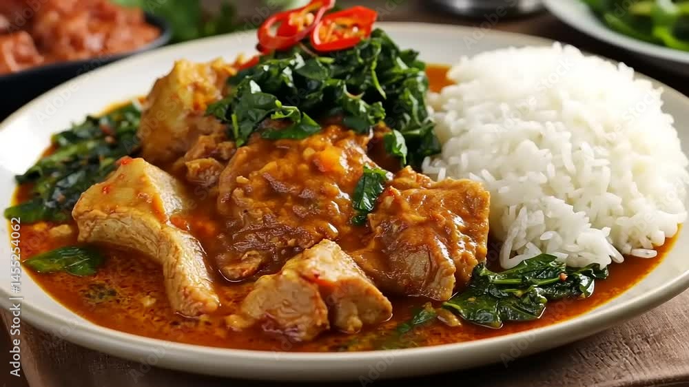 Aromatic Chicken Curry Delight Served with Steamed Rice and Fresh Greens Plate Presentation Aromatic Chicken Curry Delight Served with Steamed Rice and Fresh Greens Plate Presentation
