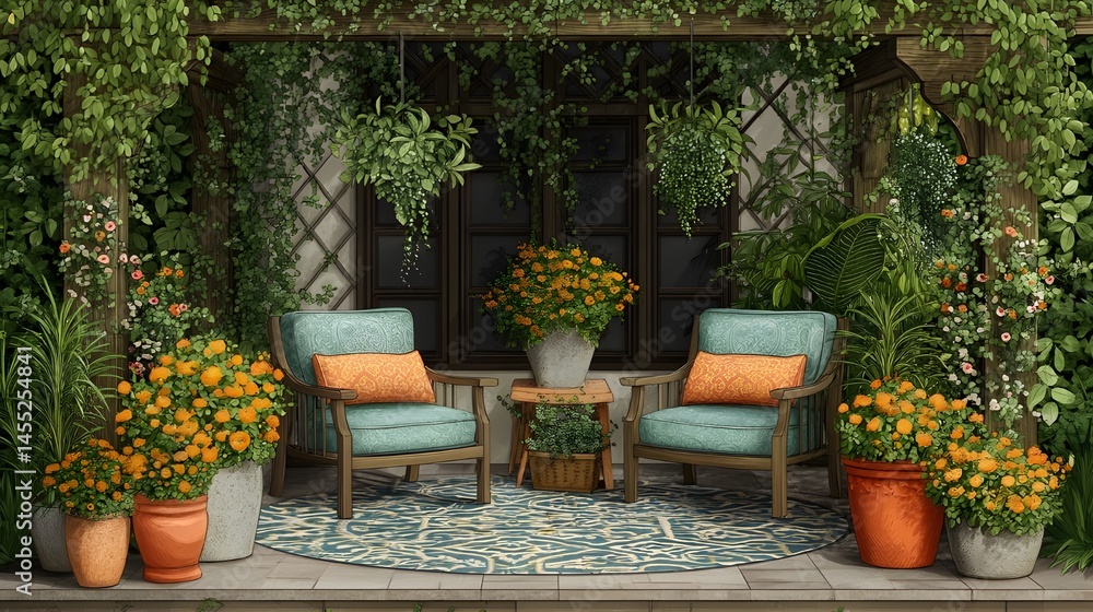 Obraz premium Transform Any Backyard into a Garden Alcove with Cozy Armchairs on a Patterned Rug Oasis