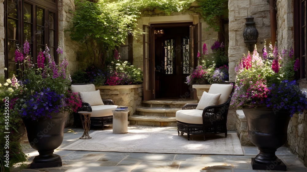Fototapeta premium Enjoy Serenity on a Secluded Patio Featuring Elegant Seating and Luxurious Plush Accents Within Nature