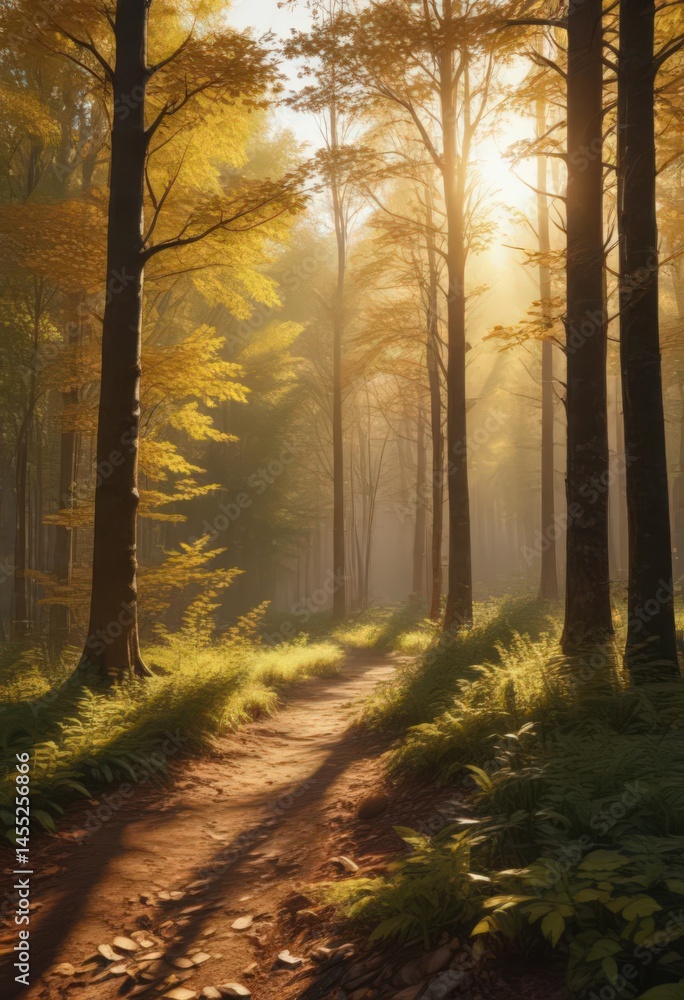 Fototapeta premium Golden hour light bathes a panoramic forest, showcasing sunlit leaves , panorama, green