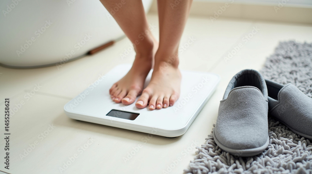 Fototapeta premium Bare feet step onto a white digital bathroom scale placed on a light-colored tiled floor partially covered by a fluffy gray rug