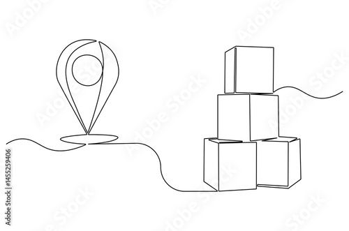 Continuous one line drawing Stack of cardboard box with location pin. Single line drawing illustration Stack of carton box. Online delivery concept vector art. Doodle line illustration.