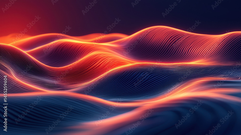 Obraz premium Realistic 4K dynamic kenmima background showing side angle view of abstract 3D graphic waves flowing with vibrant red and blue colors creating mesmerizing visuals.