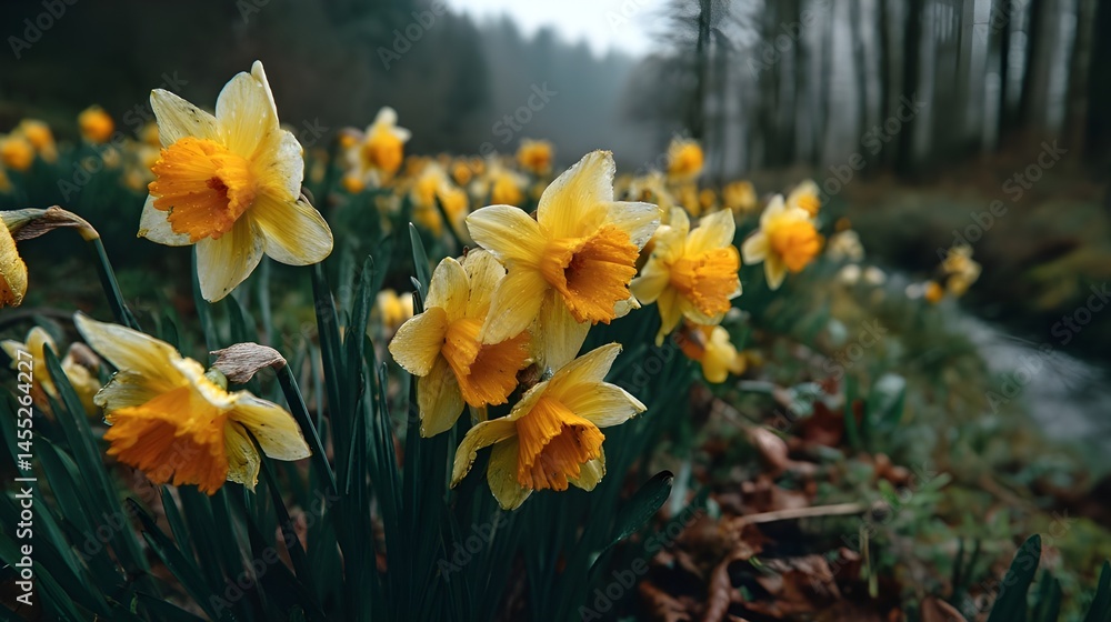 Obraz premium Capture Bright Yellow Daffodils Swaying in the Gentle Spring Breeze Amidst Lush Green Fields Vibrantly