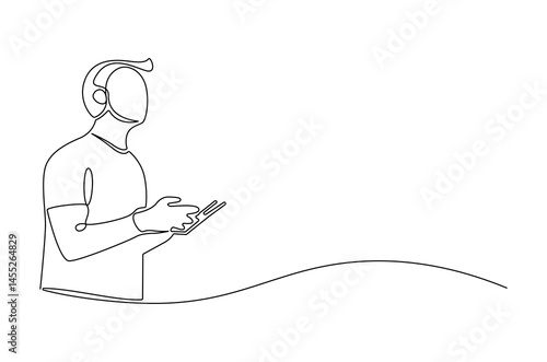 Continuous one line drawing of Drone pilot. Single line drawing illustration of Controls a drone with a remote control. Modern technology concept vector art. Doodle line illustration.