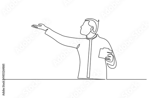 Continuous one line drawing of Drone pilot. Single line drawing illustration of Controls a drone with a remote control. Modern technology concept vector art. Doodle line illustration.