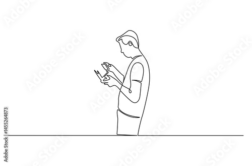 Continuous one line drawing of Drone pilot. Single line drawing illustration of Controls a drone with a remote control. Modern technology concept vector art. Doodle line illustration.
